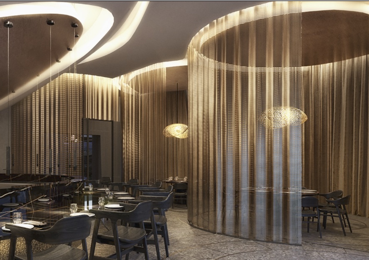 Cortina metálica dorada en restaurante de lujo LANZ